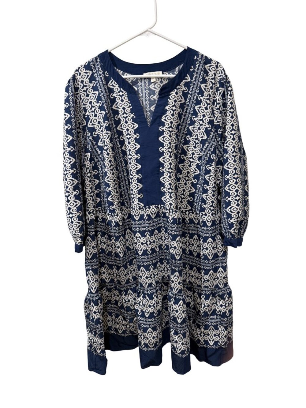 Fig + Flower Womens Blue White Boho Tunic Dress 3X Rayon Nylon